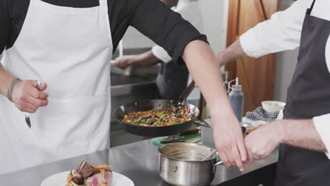 grupo de diversos cocineros masculinos preparando comidas en la cocina, cámara lenta