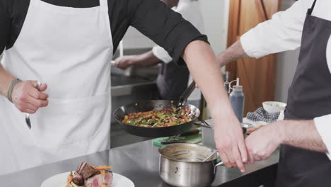 group of diverse male chefs preparing meals in kitchen, slow motion