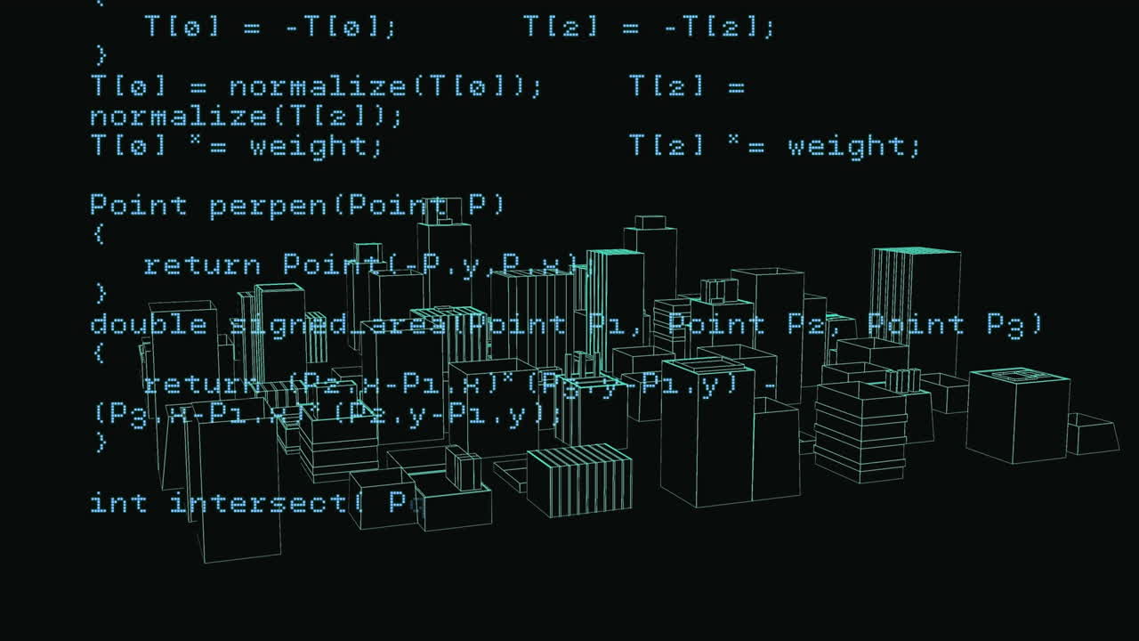 Animation of digital data processing over 3d cityscape spinning