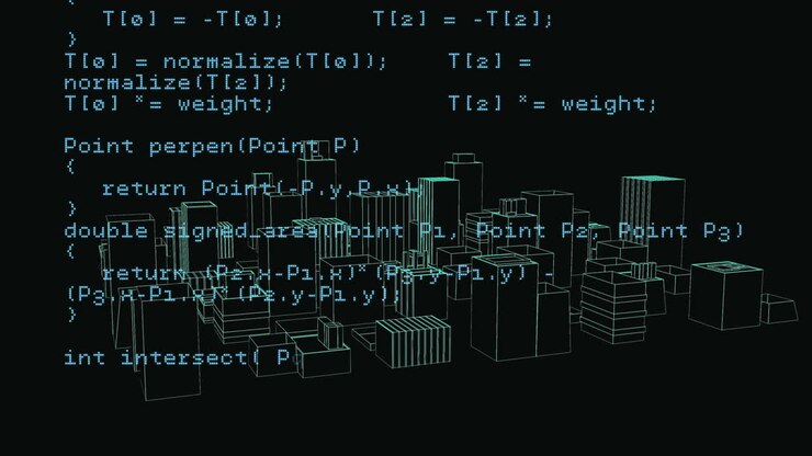 Animation of digital data processing over 3d cityscape spinning