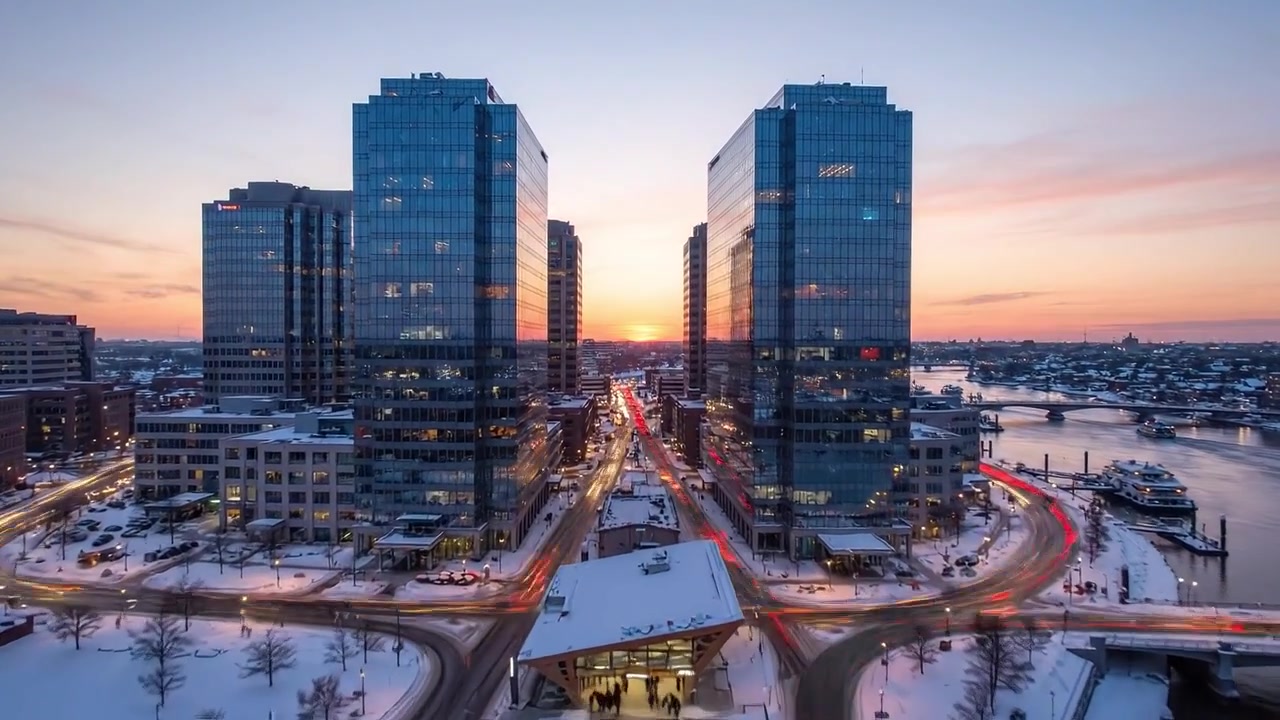 Affascinante tramonto invernale sullo skyline urbano: Paesaggio cittadino innevato con luci scintillanti ed edifici in vetro riflettenti al crepuscolo in una metropoli vibrante