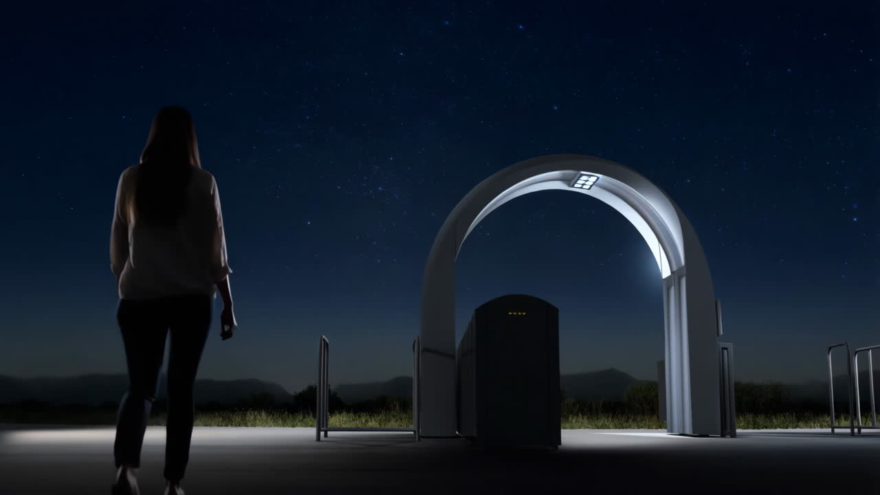 Person approaches a futuristic illuminated archway under a starry night sky