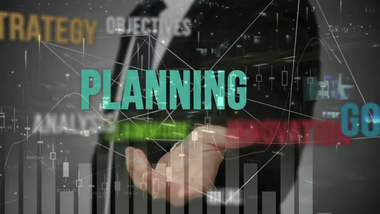 인터페이스와 데이터 처리를 사용하여 비즈니스 관리 텍스트를 비즈니스맨 위에 애니메이션