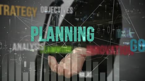 animación de texto de gestión empresarial sobre empresario utilizando interfaz y procesamiento de datos