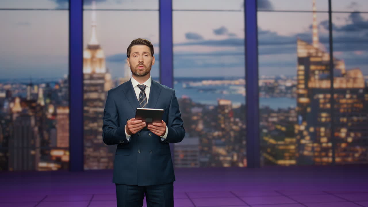 Anchorman talking breaking news standing television studio. Presenter newscast