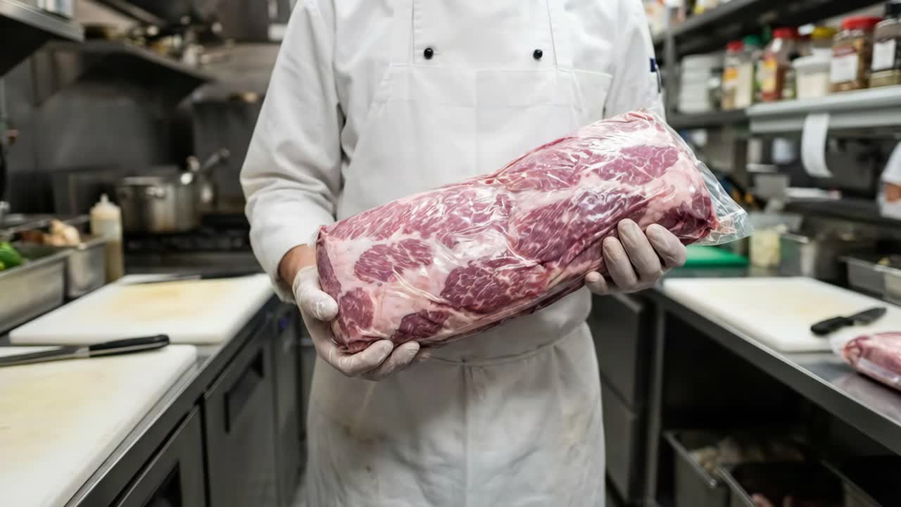 Chef preparing raw pork in a professional kitchen