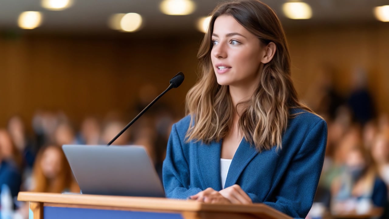 Oratore sicuro che coinvolge il pubblico durante una presentazione con laptop e microfono, fornendo approfondimenti in un contesto professionale
