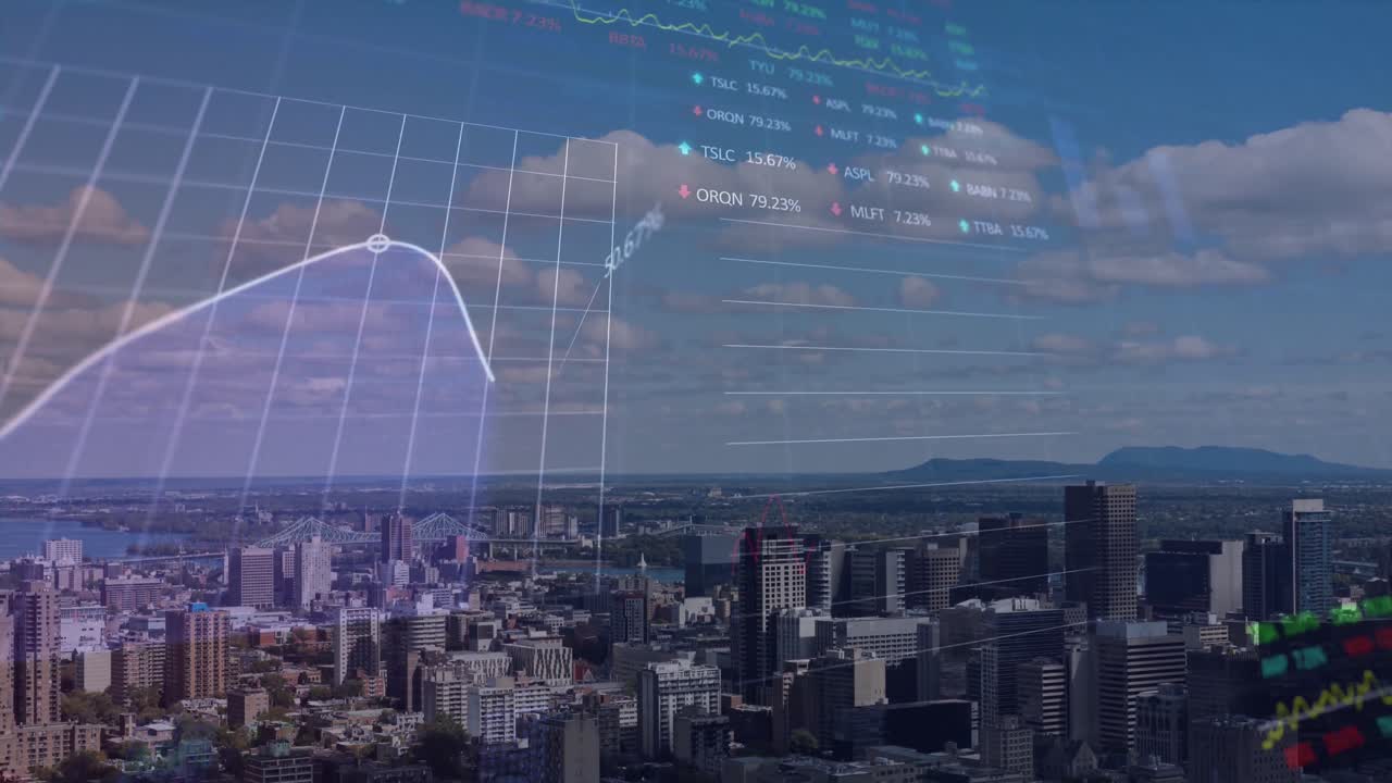 animación del procesamiento de datos financieros sobre el paisaje urbano