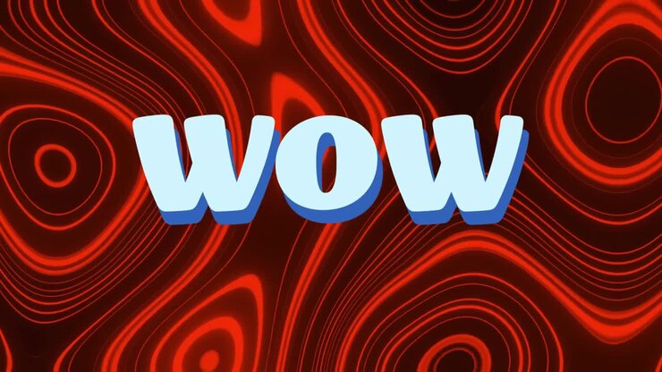 Animazione digitale del testo "wow" su uno sfondo rosso caleidoscopico in movimento.