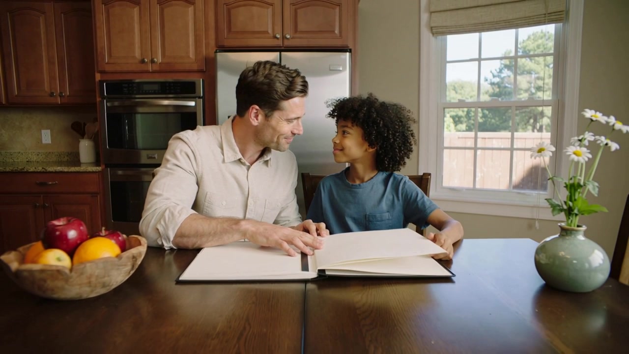 Placing album, father in light shirt turning pages at kitchen table, child in blue tee bonding