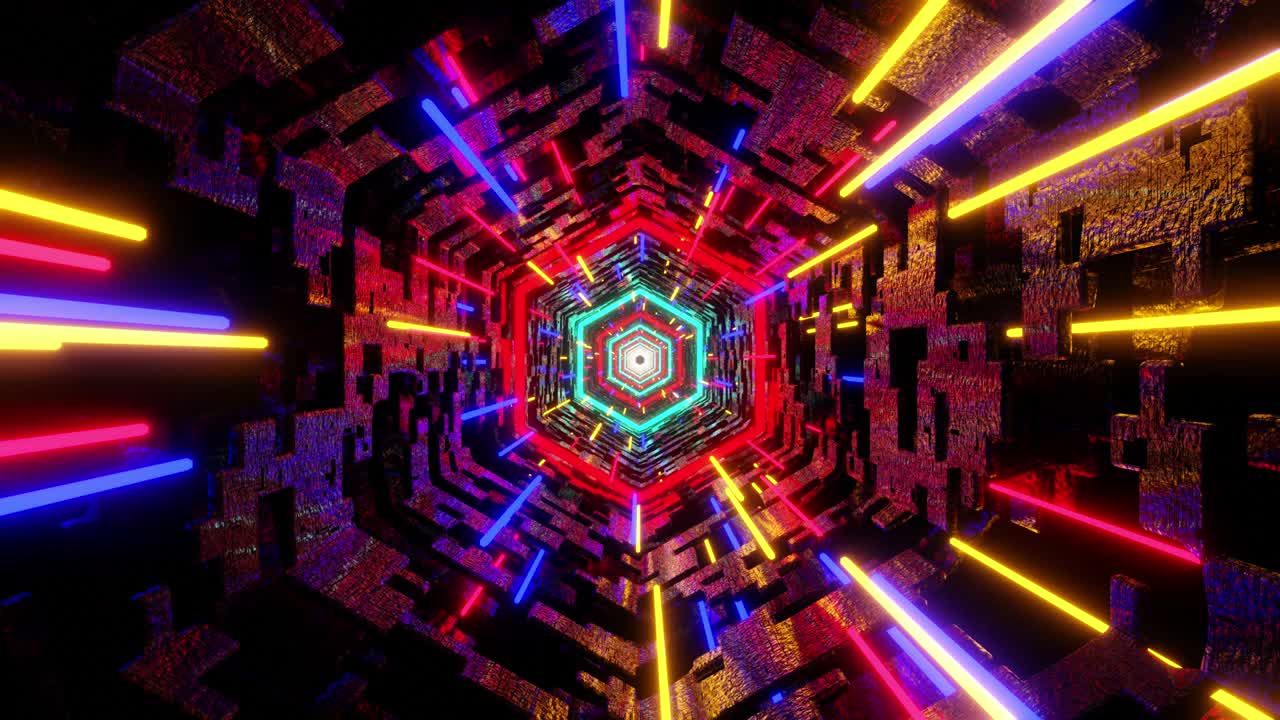un vuelo de líneas de neón brillantes a través de un túnel de neón multicolor multicolor. bucle, vj