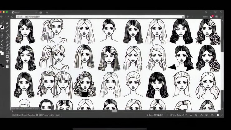 Collection of Stylized Female Faces in a Browser Window