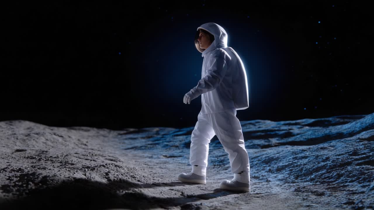 Ein Astronaut schreitet selbstbewusst über die Mondoberfläche und präsentiert die Ruhe und das Wunder der Weltraumforschung in einer atemberaubenden Mondlandschaft.