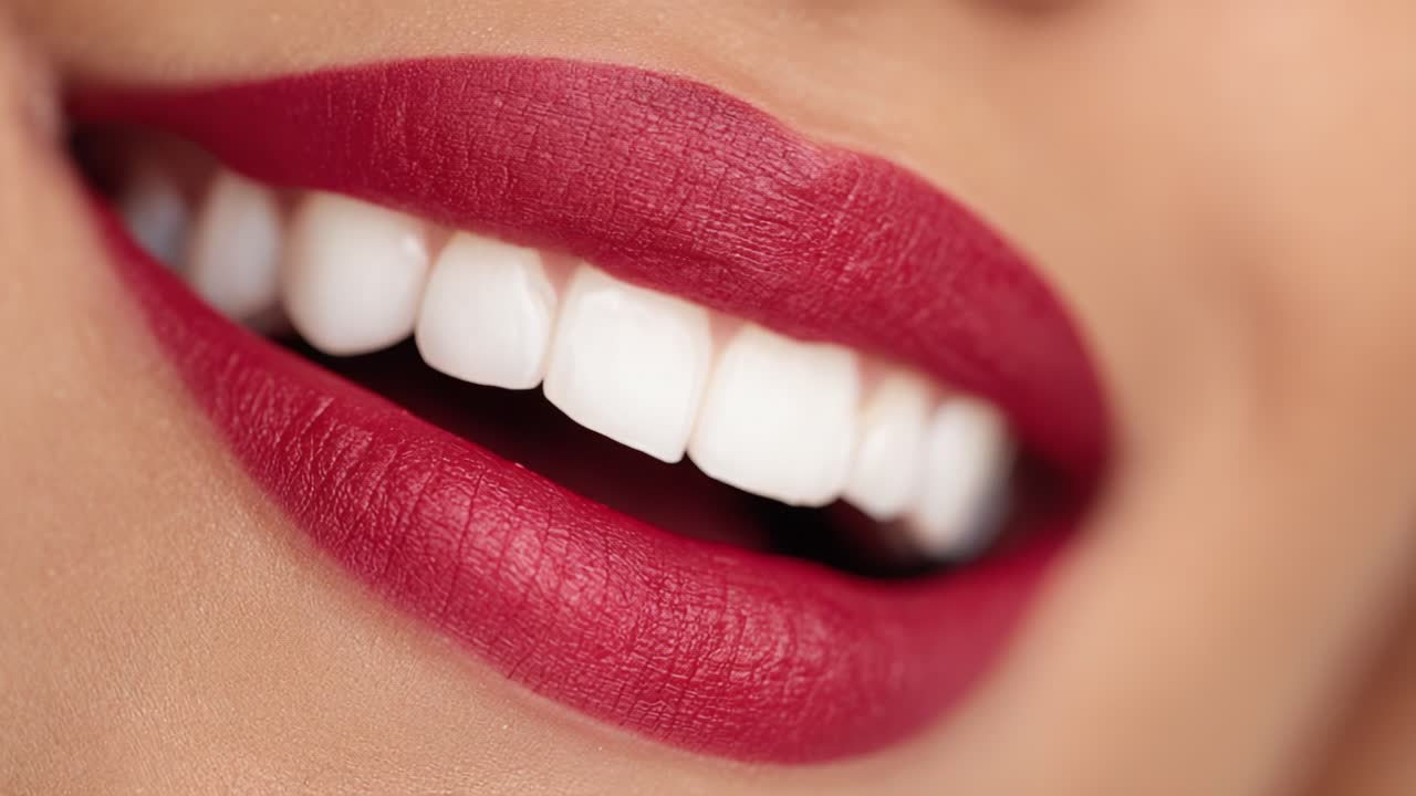A Close-Up of Perfectly Glossy Lips Bound by Rich Red Lipstick and Sparkling White Teeth, Emphasizing the Allure of a Stunning Smile in Soft Lighting