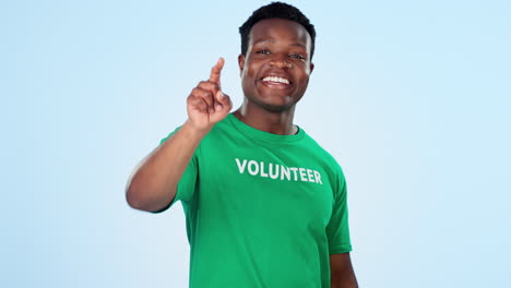 Pointing,-black-man-and-volunteer-with-welcome
