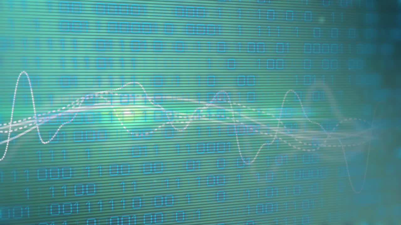Data processing animation with fluctuating graphs over binary code background