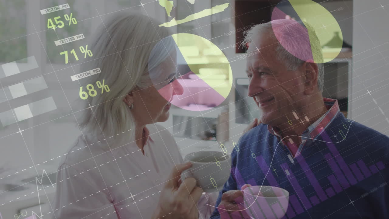 Animazione di elaborazione di dati finanziari su coppia anziana caucasica che beve caffè