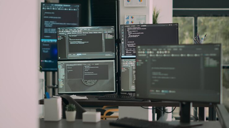 Computer screens on desk in empty data room displaying program code and