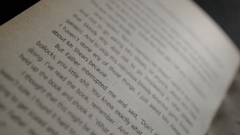 close up over an open book page with out of focus words