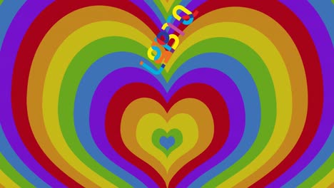 animación de corazones de arco iris y texto lgbtq sobre el fondo del corazón de arco iris