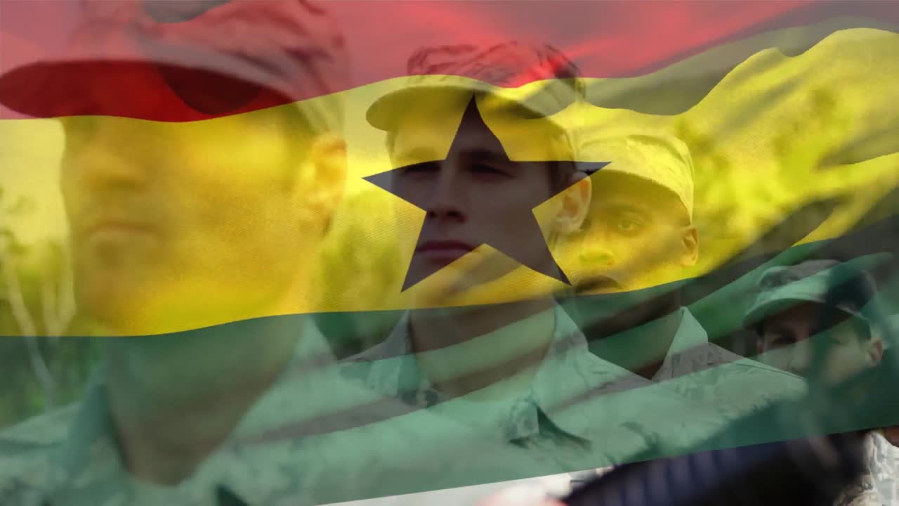 animación de la bandera de ghana sobre varios soldados varones