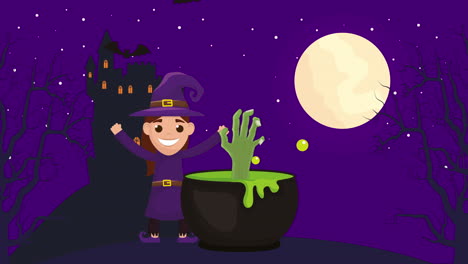 halloween dark scene with little witch and cauldron