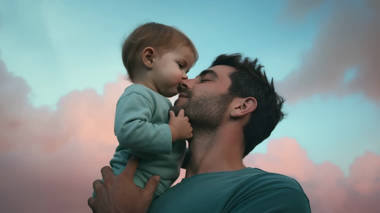 Um vídeo emocionante de um pai levantando seu filho contra um céu pastel