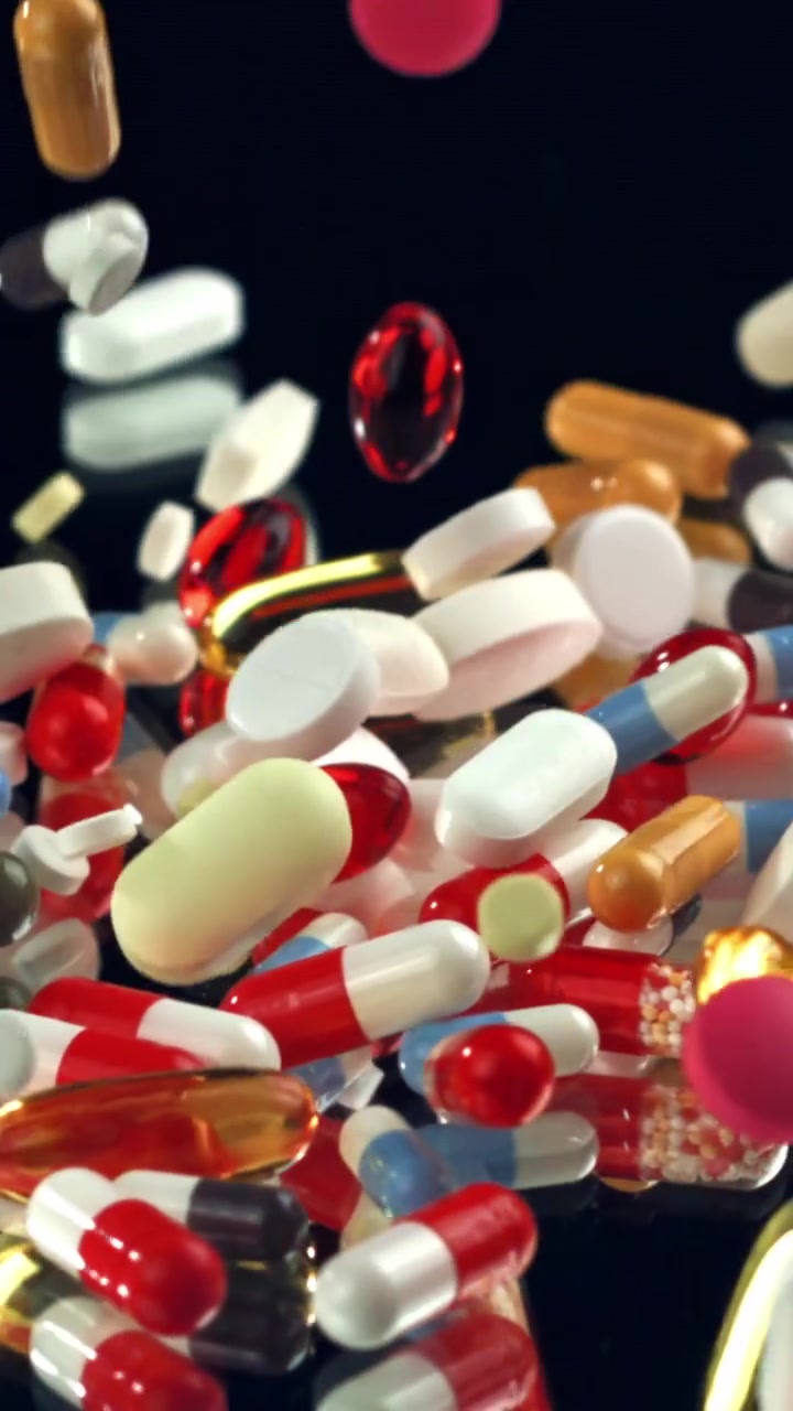 Colorful Pills and Capsules Falling in Slow Motion onto a Black Surface