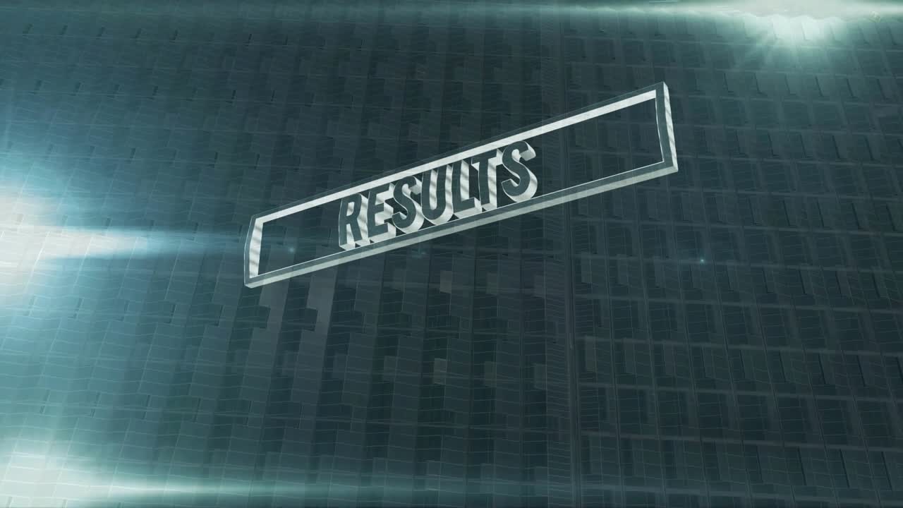 Reflective framed RESULTS sign rotating and flattening while camera pulling back initiating reveal