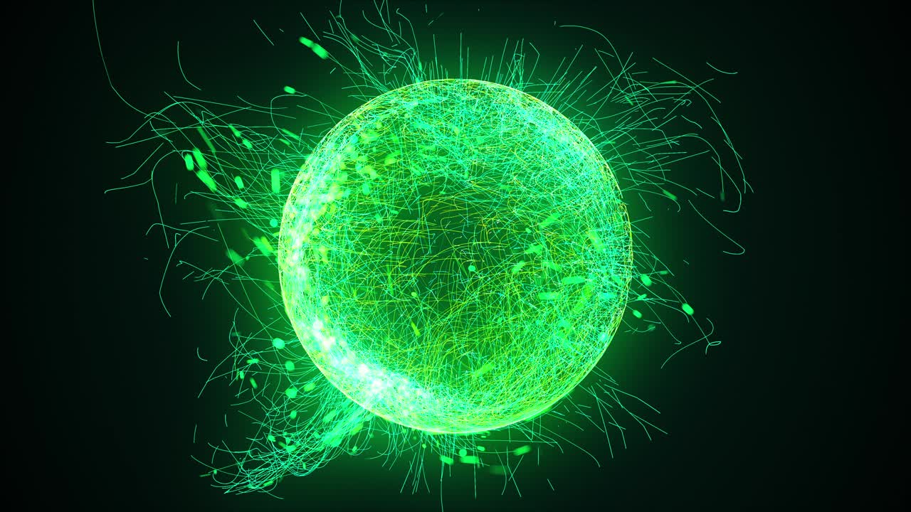 representación 3d, esfera o bola generada por computadora de numerosas partículas de neón y líneas sobre un fondo negro