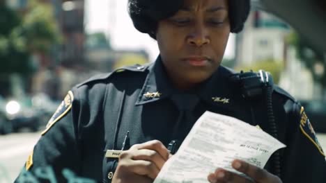 an officer stands in a vibrant city area, carefully examining a report. her focused expression reflects determination in serving the community while ensuring safety.