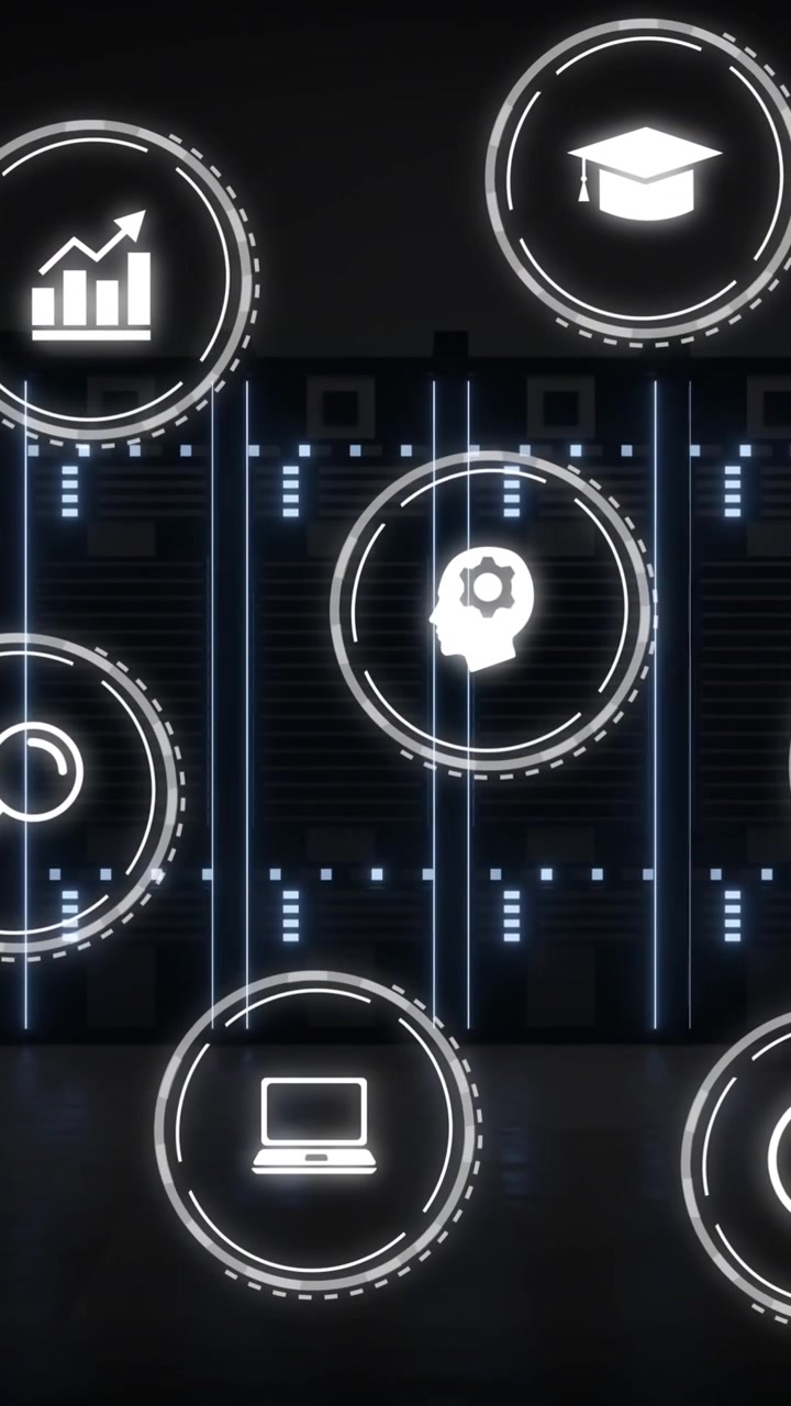 Animation of network of digital icons over computer servers