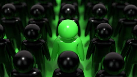 single green figure in a crowd of black figures