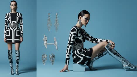 stylish model showcasing bold fashion statement in monochrome outfit with metallic accessories against soft blue backdrop