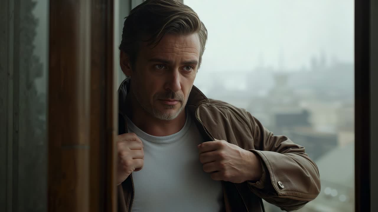 Stepping into doorway, middle-aged man adjusting brown jacket at doorframe, preparing to step out