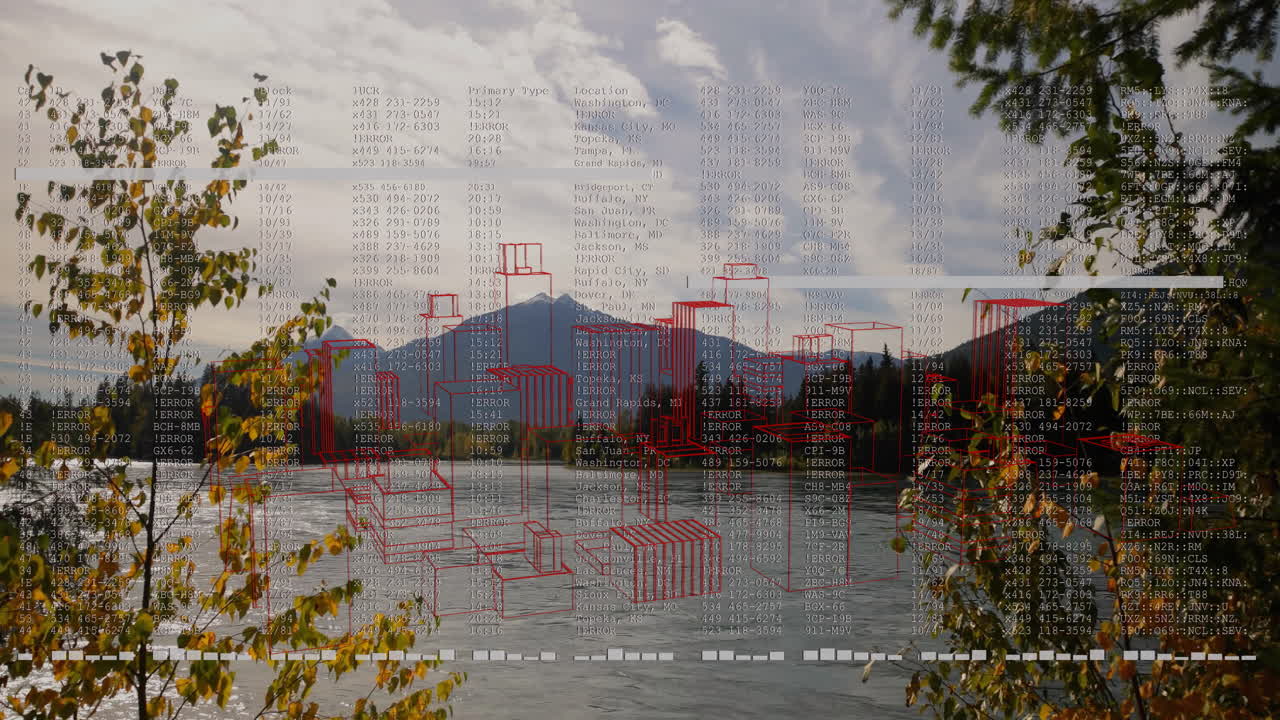 Animation of digital data and red wireframe structures over mountain lake scene