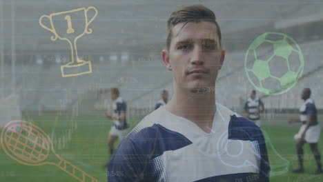 animation of digital interface with covid medical data processing over rugby players