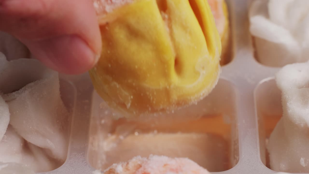 Various of frozen dim sum close-up macro. Food to take away. Chinese dessert food. Dimsum with shrimps, fish and meat. Dish in a cafe. Delivery