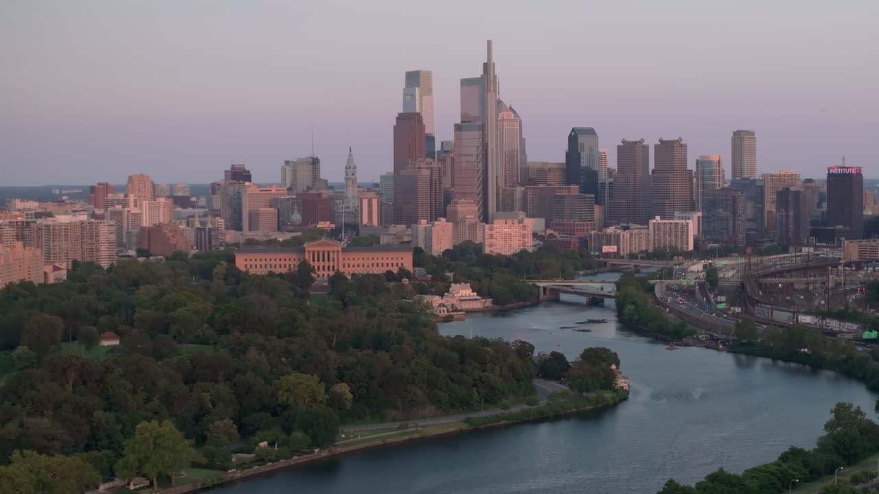 Aerial view of Philadelphia at sunset. Shot above the Schuylkill River and Fairmount Park