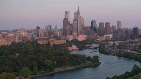 aerial view of philadelphia at sunset. shot above the schuylkill river and fairmount park