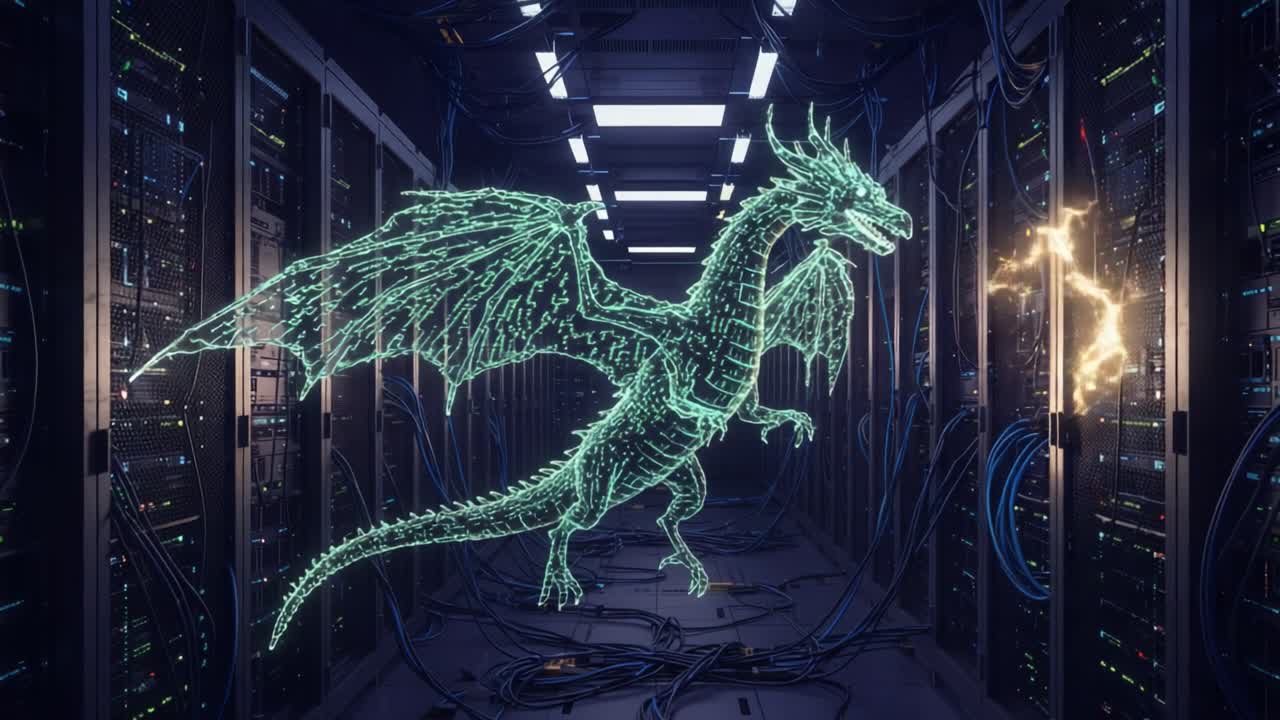 A Spectacular Digital Dragon Emerges from a Server Room, Blending Fantasy with Technology to Create a Captivating Visual Experience