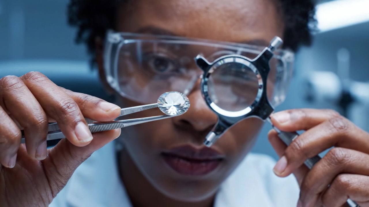 En dedikeret gemmolog undersøger en funklende diamant med en lup, der viser ædelstenens indviklede detaljer og håndværk under professionel belysning