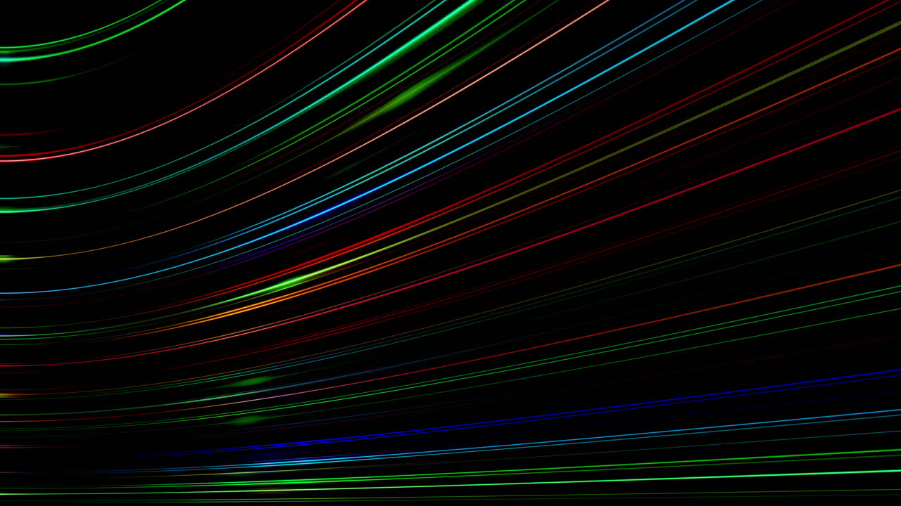 Linee ondulate, luminose, al neon e multicolori con luci pulsanti e incandescenti su uno sfondo astratto e distorto. Illustrazione 3D. Concetto di comunicazione delle informazioni.