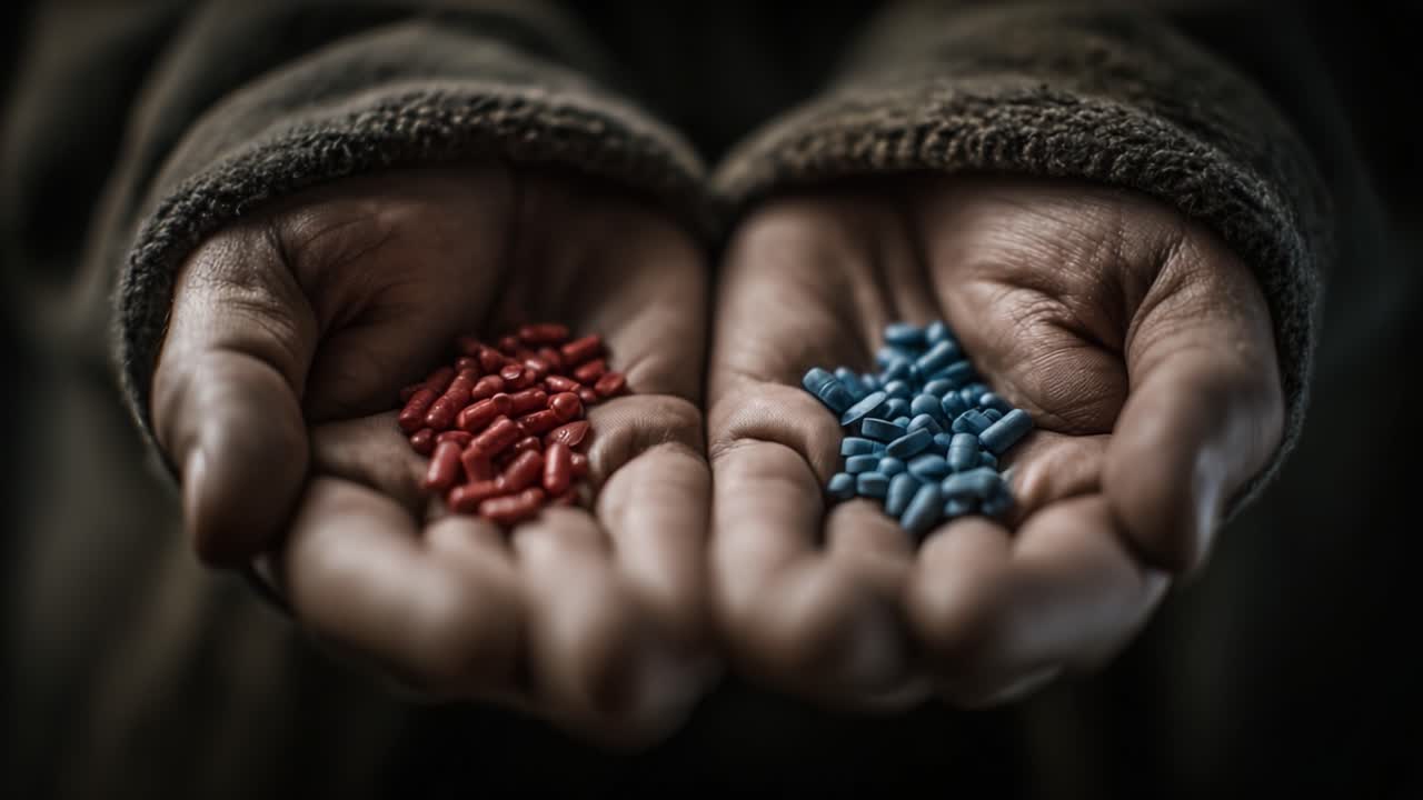 Et nærbillede af to hænder, der holder røde og blå piller, der repræsenterer valg og dilemmaer i livet og fremhæver kontrasten mellem forskellige veje og beslutninger.