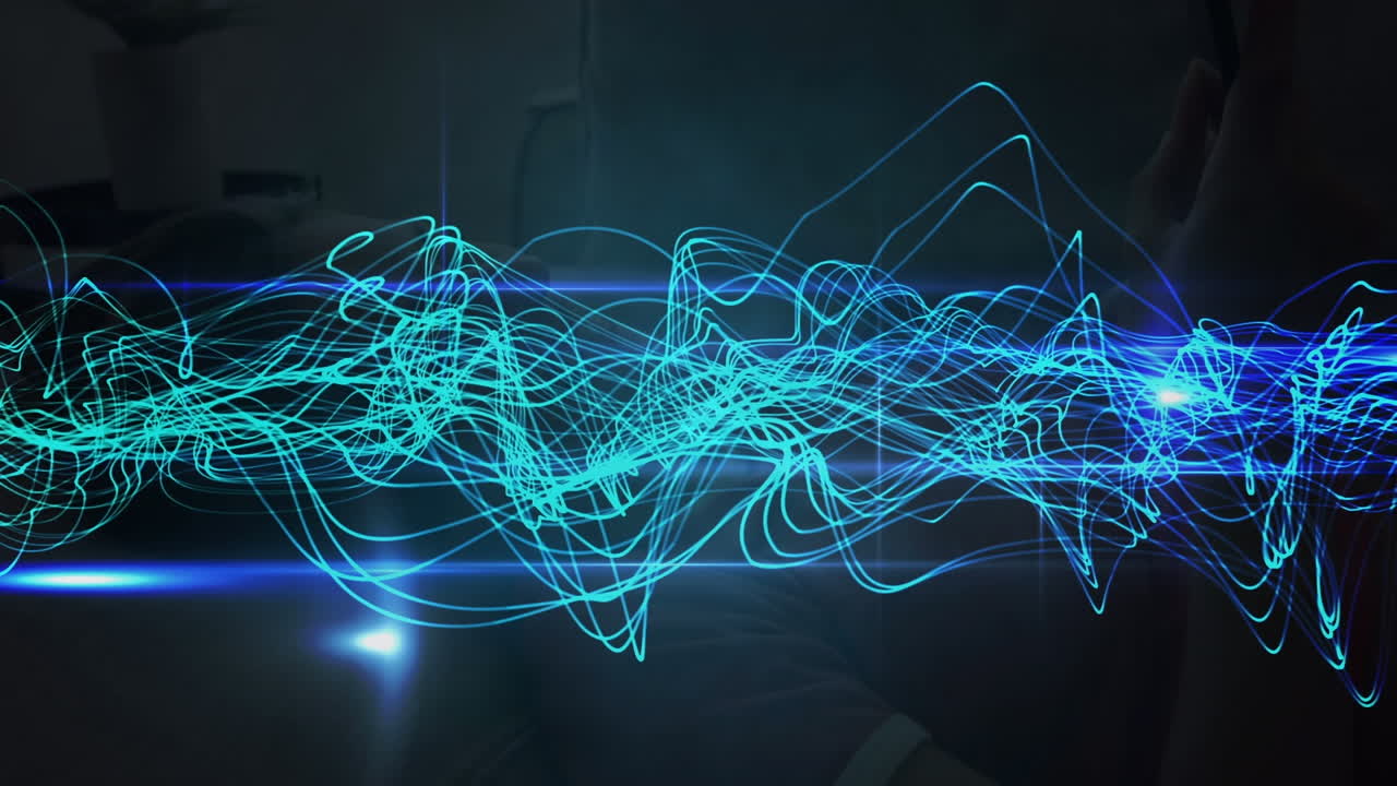 анимация голубого светового пятна и цифровых волн на черном фоне