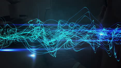 animación de un punto de luz azul y ondas digitales contra un fondo negro