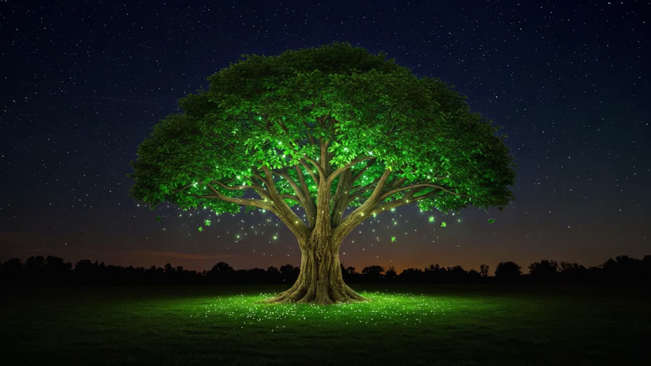 A Majestic Illuminated Tree Surrounded by Stars in a Tranquil Night Landscape, Glowing with Enchanting Green Lights Amidst the Stillness of Nature