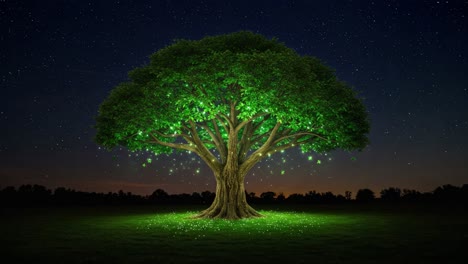a majestic illuminated tree surrounded by stars in a tranquil night landscape, glowing with enchanting green lights amidst the stillness of nature