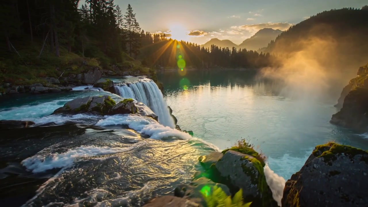 Cámara paneando, revelando una cascada que se precipita por un saliente hacia una poza al amanecer, con la niebla ascendiendo.