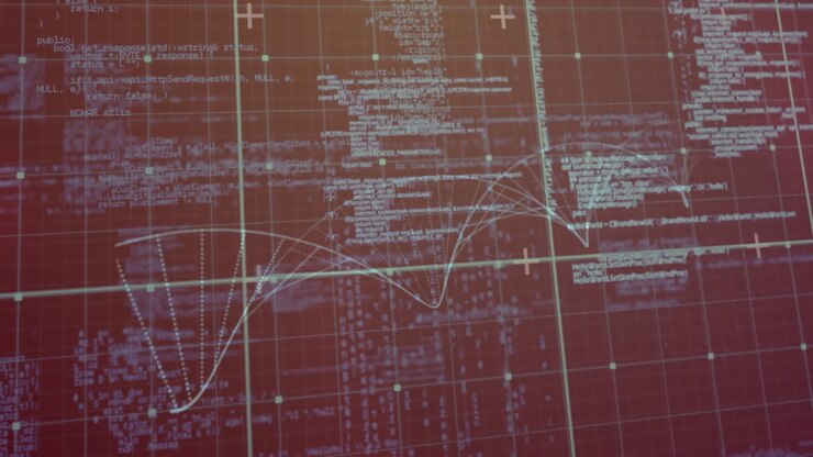 Animation of blue grid and processing data with dna helix rotating on brown screen